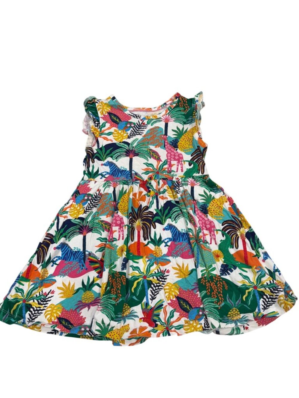 Mini Boden Tropical Jungle Print Dress Multicolor Cotton Sleeveless Playful Summ
